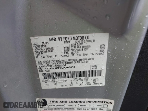 2013 Ford F-150 XL with VIN 1FTFW1CF5DKF63831, listed as a IAAI auction lot 39559854 with 125,721 mi miles and . Bid and sale history available at carsss.com. Image 9.