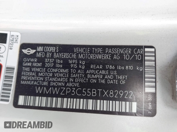 2011 MINI Convertible S с VIN WMWZP3C55BTX82922, выставлен на аукционе IAAI как лот 41408777 с пробегом 82 764 миль миль и . История ставок и продаж доступна на DreamBid. Изображение 9.