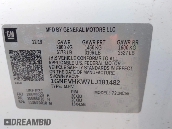 2020 Chevrolet Traverse LT with VIN 1GNEVHKW7LJ181482, listed as a IAAI auction lot 42486716 with Not provided miles and . Bid and sale history available at DreamBid. Image 9.