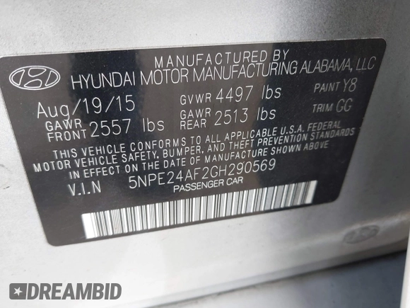 2016 Hyundai Sonata 2.4L with VIN 5NPE24AF2GH290569, listed as a IAAI auction lot 41937016 with 113,756 mi miles and . Bid and sale history available at carsss.com. Image 9.