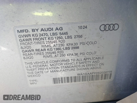 2025 Audi Q5 S line Premium z VIN WA1GAAFY0S2026775, wystawiony jako IAAI lot #41866254 z przebiegiem 8730 mil mil oraz . Historia ofert i sprzedaży dostępna na DreamBid. Obrazek 9.
