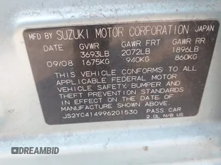 2009 Suzuki SX4 Sport FWD with VIN JS2YC414996201530, listed as a IAAI auction lot 41476333 with 148,263 mi miles and . Bid and sale history available at DreamBid. Image 9.