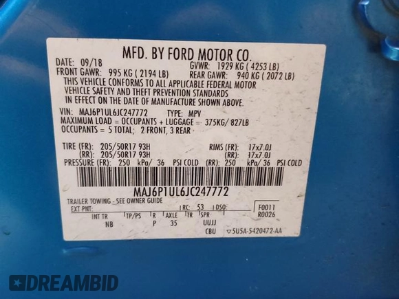 2018 Ford EcoSport SE with VIN MAJ6P1UL6JC247772, listed as a Copart auction lot 43727195 with 90,167 mi miles and Salvage Title. Bid and sale history available at carsss.com. Image 14.
