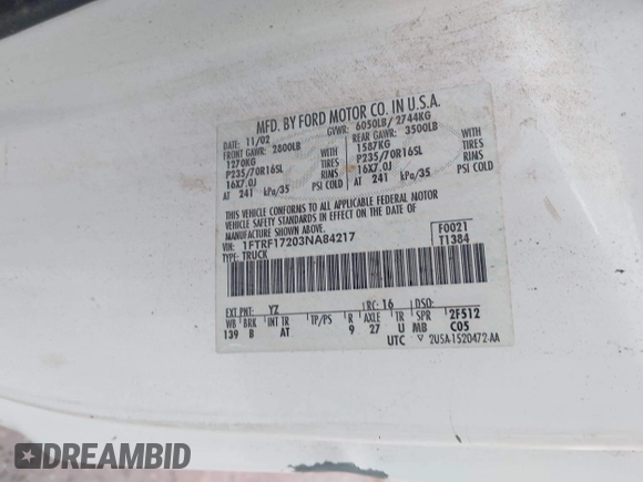 2003 Ford F-150 XL with VIN 1FTRF17203NA84217, listed as a IAAI auction lot 42324582 with 96,949 mi miles and . Bid and sale history available at DreamBid. Image 9.