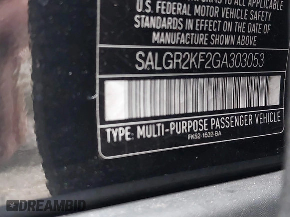 2016 Land Rover Range Rover with VIN SALGR2KF2GA303053, listed as a IAAI auction lot 41745752 with 111,045 mi miles and . Bid and sale history available at DreamBid. Image 9.
