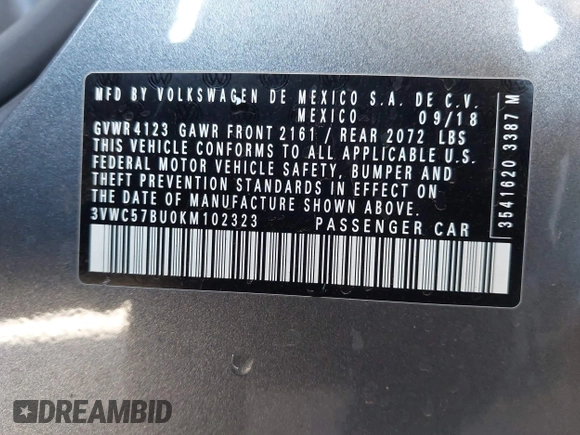 2019 Volkswagen Jetta S with VIN 3VWC57BU0KM102323, listed as a IAAI auction lot 42327869 with 68,662 mi miles and . Bid and sale history available at DreamBid. Image 9.
