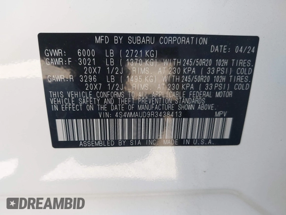 2024 Subaru Ascent Limited z VIN 4S4WMAUD9R3438413, wystawiony jako IAAI lot #41936607 z przebiegiem 4279 mil mil oraz . Historia ofert i sprzedaży dostępna na DreamBid. Obrazek 9.