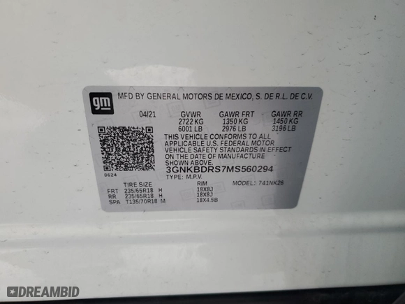 2021 Chevrolet Blazer LT with VIN 3GNKBDRS7MS560294, listed as a Copart auction lot 87714895 with 65,514 mi miles and Salvage Title. Bid and sale history available at carsss.com. Image 14.