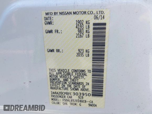 2015 Nissan LEAF SL with VIN 1N4AZ0CP8FC303950, listed as a IAAI auction lot 42396987 with 73,769 mi miles and . Bid and sale history available at DreamBid. Image 9.