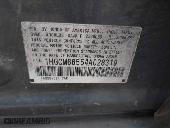 2004 Honda Accord EX с VIN 1HGCM66554A028319, выставлен на аукционе IAAI как лот 42599843 с пробегом 147 939 миль миль и . История ставок и продаж доступна на DreamBid. Изображение 9.