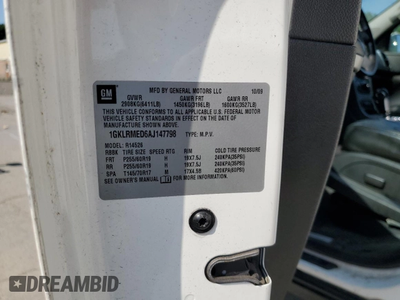 2010 GMC Acadia SLT1 with VIN 1GKLRMED6AJ147798, listed as a Copart auction lot 60741275 with 290,279 mi miles and Salvage title. Bid and sale history available at DreamBid. Image 14.