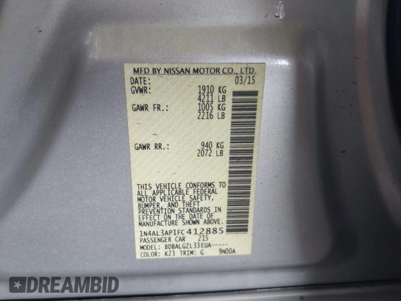 2015 Nissan Altima SL with VIN 1N4AL3AP1FC412885, listed as a IAAI auction lot 42175168 with 101,066 mi miles and . Bid and sale history available at DreamBid. Image 9.
