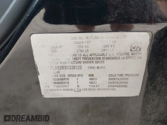 2011 GMC Terrain SLT-2 with VIN 2CTFLXE5XB6338129, listed as a IAAI auction lot 42436704 with 154,300 mi miles and . Bid and sale history available at DreamBid. Image 9.