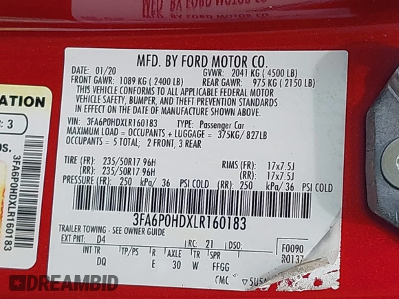 2020 Ford Fusion SE with VIN 3FA6P0HDXLR160183, listed as a IAAI auction lot 42623508 with 89,914 mi miles and . Bid and sale history available at DreamBid. Image 9.