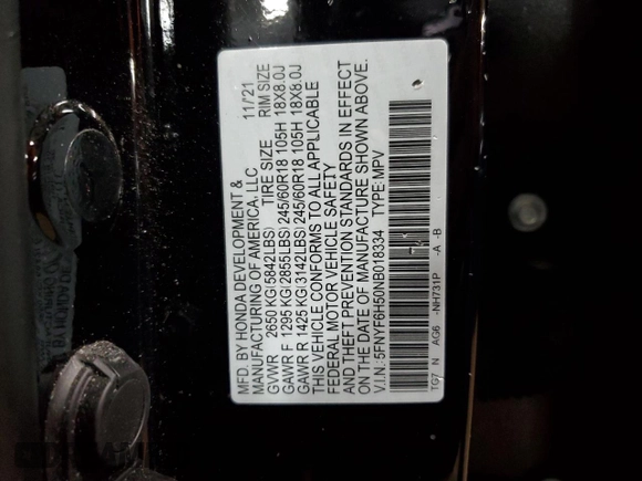 2022 Honda Pilot EX-L with VIN 5FNYF6H50NB018334, listed as a Copart auction lot 50659805 with 44,168 mi miles and Salvage Title. Bid and sale history available at DreamBid. Image 12.