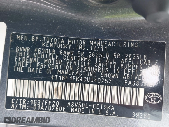 2012 Toyota Camry L with VIN 4T1BF1FK4CU040757, listed as a IAAI auction lot 42199739 with 251,109 mi miles and . Bid and sale history available at DreamBid. Image 9.
