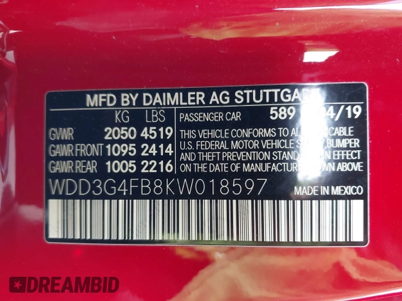 2019 Mercedes-Benz A 220 with VIN WDD3G4FB8KW018597, listed as a IAAI auction lot 41242218 with 37,144 mi miles and . Bid and sale history available at DreamBid. Image 9.