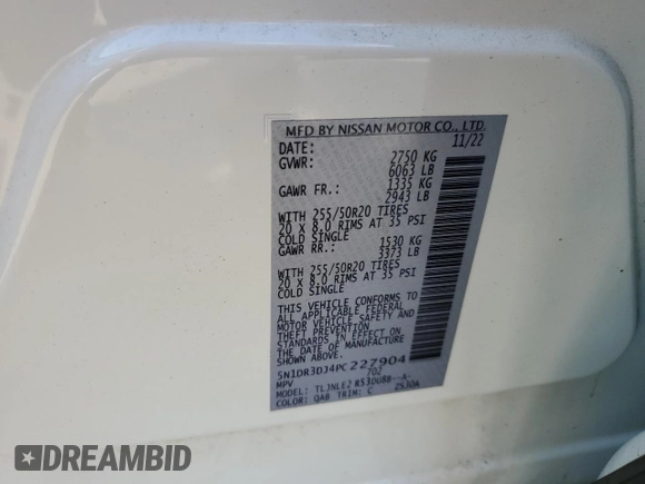 2023 Nissan Pathfinder Platinum with VIN 5N1DR3DJ4PC227904, listed as a Copart auction lot 52177715 with 55,282 mi miles and Salvage title. Bid and sale history available at DreamBid. Image 15.
