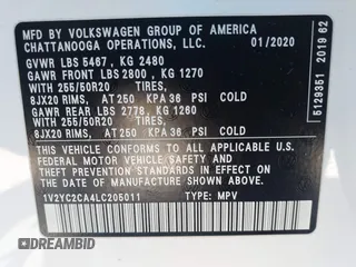2020 Volkswagen Atlas with VIN 1V2YC2CA4LC205011, listed as a IAAI auction lot 42233807 with 39,084 mi miles and . Bid and sale history available at DreamBid. Image 9.