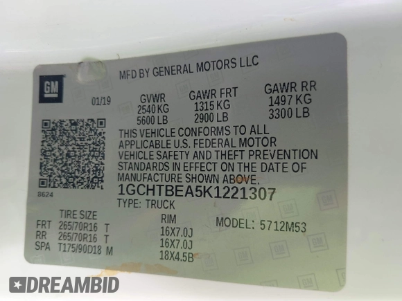 2019 Chevrolet Colorado 4WD Work Truck z VIN 1GCHTBEA5K1221307, wystawiony jako IAAI lot #42273653 z przebiegiem 94 746 mil mil oraz . Historia ofert i sprzedaży dostępna na DreamBid. Obrazek 9.