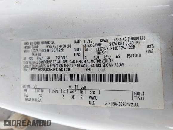 2019 Ford F-250 XL with VIN 1FT7W2B63KED50139, listed as a IAAI auction lot 42726614 with 187,557 mi miles and . Bid and sale history available at DreamBid. Image 9.