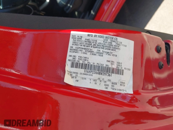 2008 Ford Focus SE with VIN 1FAHP33N48W297361, listed as a IAAI auction lot 42659965 with 184,524 mi miles and . Bid and sale history available at DreamBid. Image 9.