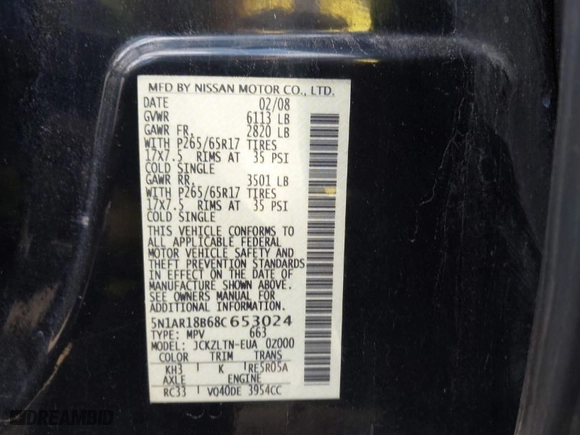 2008 Nissan Pathfinder SE with VIN 5N1AR18B68C653024, listed as a IAAI auction lot 41789788 with NaN miles. Bid and sale history available at carsss.com. Image 9.