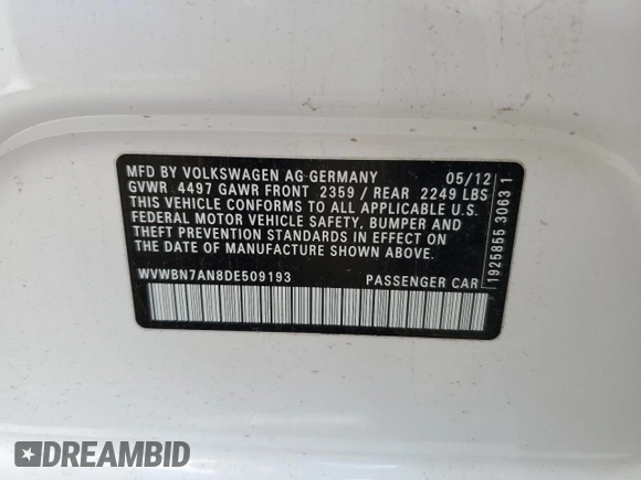 2013 Volkswagen CC Sport with VIN WVWBN7AN8DE509193, listed as a Copart auction lot 65256984 with 62,211 mi miles and Salvage Title. Bid and sale history available at carsss.com. Image 12.