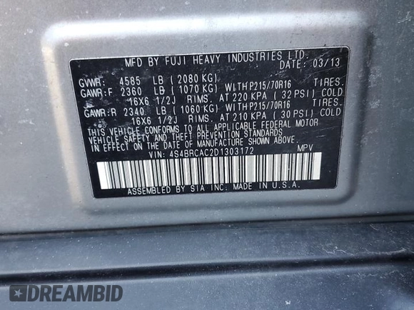 2013 Subaru Outback 2.5i with VIN 4S4BRCAC2D1303172, listed as a Copart auction lot 46005195 with 115,795 mi miles and Salvage title. Bid and sale history available at DreamBid. Image 13.
