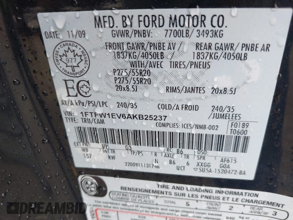 2010 Ford F-150 XL with VIN 1FTFW1EV6AKB25237, listed as a IAAI auction lot 41987755 with 145,770 mi miles and . Bid and sale history available at carsss.com. Image 9.