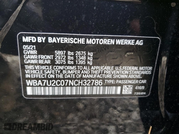 2022 BMW 7 Series 750i xDrive with VIN WBA7U2C07NCH32786, listed as a Copart auction lot 43028005 with 41,686 mi miles and Salvage title. Bid and sale history available at DreamBid. Image 12.