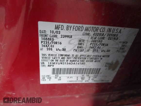 2004 Ford Escape XLT with VIN 1FMYU93154DA14180, listed as a IAAI auction lot 42430706 with 266,213 mi miles and . Bid and sale history available at DreamBid. Image 9.