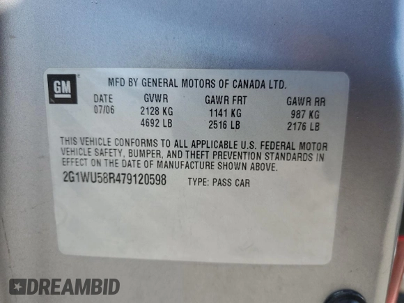 2007 Chevrolet Impala LTZ with VIN 2G1WU58R479120598, listed as a Copart auction lot 46327635 with 149,268 mi miles and Salvage Title. Bid and sale history available at DreamBid. Image 12.
