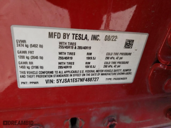 2022 Tesla Model S with VIN 5YJSA1E57NF488727, listed as a Copart auction lot 88238485 with 26,899 mi miles and Salvage Title. Bid and sale history available at carsss.com. Image 12.