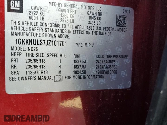 2018 GMC Acadia SLT with VIN 1GKKNULS7JZ101701, listed as a Copart auction lot 51313275 with 77,239 mi miles and Salvage Title. Bid and sale history available at DreamBid. Image 14.