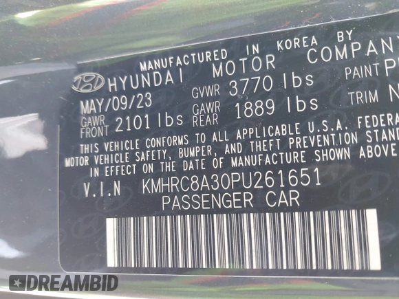 2023 Hyundai Venue SEL with VIN KMHRC8A30PU261651, listed as a IAAI auction lot 42300142 with 23,698 mi miles and . Bid and sale history available at DreamBid. Image 9.