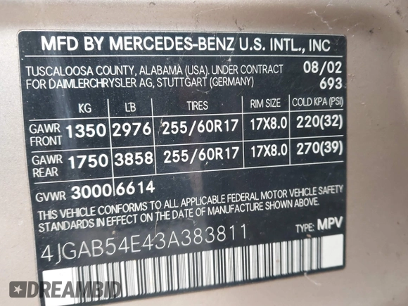2003 Mercedes-Benz M-Class 3.2L with VIN 4JGAB54E43A383811, listed as a IAAI auction lot 41204136 with 209,327 mi miles. Bid and sale history available at carsss.com. Image 9.