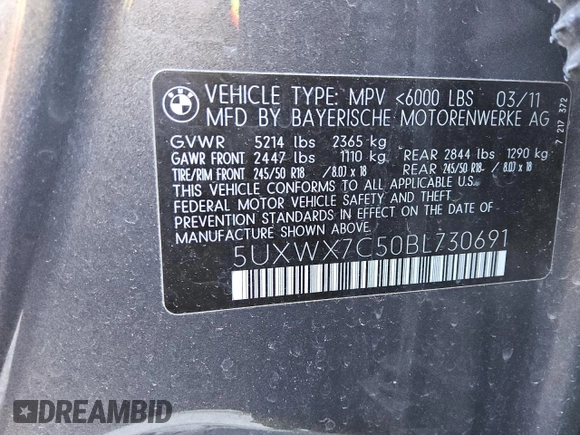 2011 BMW X3 35i with VIN 5UXWX7C50BL730691, listed as a Copart auction lot 48574165 with 140,194 mi miles and Clean Title. Bid and sale history available at DreamBid. Image 13.