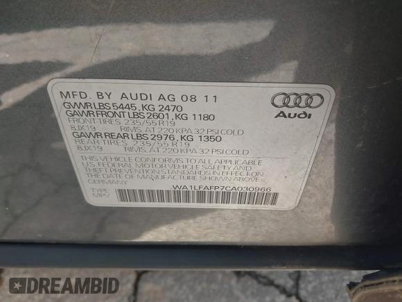 2012 Audi Q5 Premium Plus z VIN WA1LFAFP7CA030966, wystawiony jako IAAI lot #42220849 z przebiegiem 159 441 mil mil oraz . Historia ofert i sprzedaży dostępna na DreamBid. Obrazek 9.