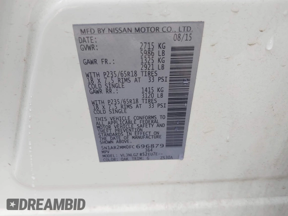 2015 Nissan Pathfinder Platinum with VIN 5N1AR2MM0FC696879, listed as a IAAI auction lot 42368003 with 120,650 mi miles and . Bid and sale history available at DreamBid. Image 9.