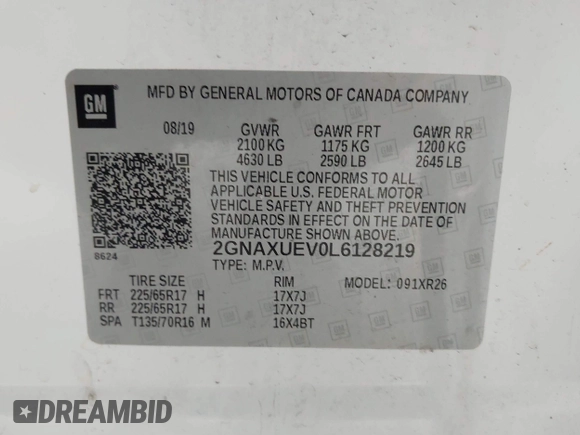 2020 Chevrolet Equinox LT with VIN 2GNAXUEV0L6128219, listed as a IAAI auction lot 41205372 with 106,611 mi miles. Bid and sale history available at carsss.com. Image 9.
