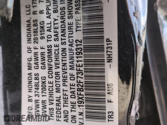 2015 Honda Civic Sedan SE with VIN 19XFB2F73FE119312, listed as a Copart auction lot 80914864 with 200,105 mi miles and Salvage Title. Bid and sale history available at carsss.com. Image 12.