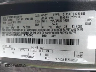 2022 Ford Escape SE Hybrid с VIN 1FMCU9BZ0NUA79005, выставлен на аукционе IAAI как лот 42123629 с пробегом 47 690 миль миль и . История ставок и продаж доступна на DreamBid. Изображение 9.