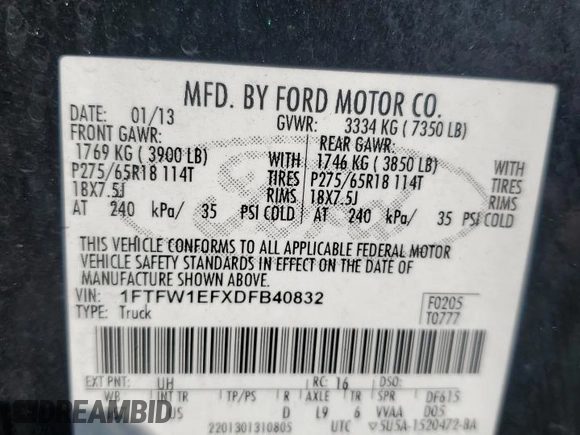 2013 Ford F-150 XL with VIN 1FTFW1EFXDFB40832, listed as a Copart auction lot 63705155 with 154,764 mi miles and Salvage title. Bid and sale history available at DreamBid. Image 12.