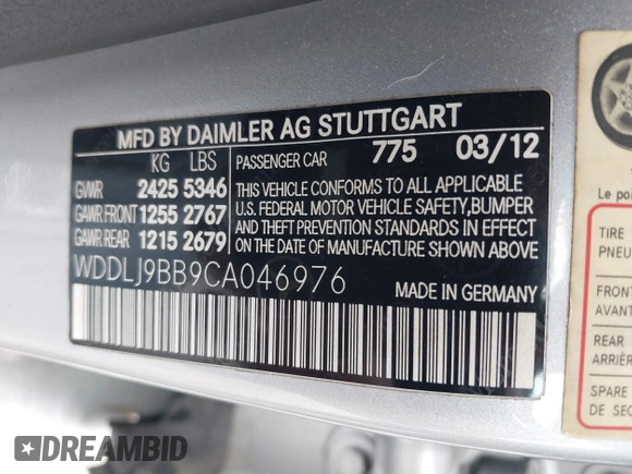 2012 Mercedes-Benz CLS 550 with VIN WDDLJ9BB9CA046976, listed as a IAAI auction lot 42171744 with 121,443 mi miles and . Bid and sale history available at DreamBid. Image 9.