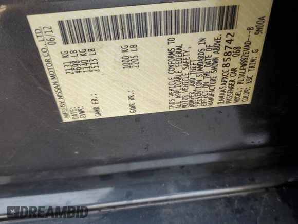 2012 Nissan Maxima S with VIN 1N4AA5APXCC858742, listed as a Copart auction lot 60454885 with 131,611 mi miles and Salvage title. Bid and sale history available at DreamBid. Image 12.