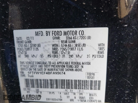 2011 Ford F-150 XL with VIN 1FTFW1EF4BFA95674, listed as a IAAI auction lot 41801488 with 155,183 mi miles. Bid and sale history available at carsss.com. Image 9.