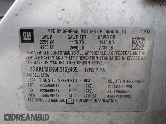 2014 GMC Terrain SLE with VIN 2GKALMEK9E6152469, listed as a IAAI auction lot 42082571 with 172,161 mi miles and . Bid and sale history available at DreamBid. Image 9.