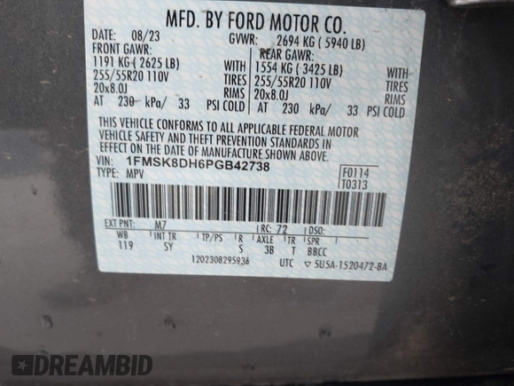 2023 Ford Explorer XLT с VIN 1FMSK8DH6PGB42738, выставлен на аукционе IAAI как лот 42099829 с пробегом 18 442 миль миль и . История ставок и продаж доступна на DreamBid. Изображение 9.