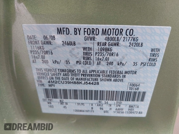 2008 Mercury Mariner z VIN 4M2CU39H88KJ54428, wystawiony jako IAAI lot #42305573 z przebiegiem 137 946 mil mil oraz . Historia ofert i sprzedaży dostępna na DreamBid. Obrazek 9.